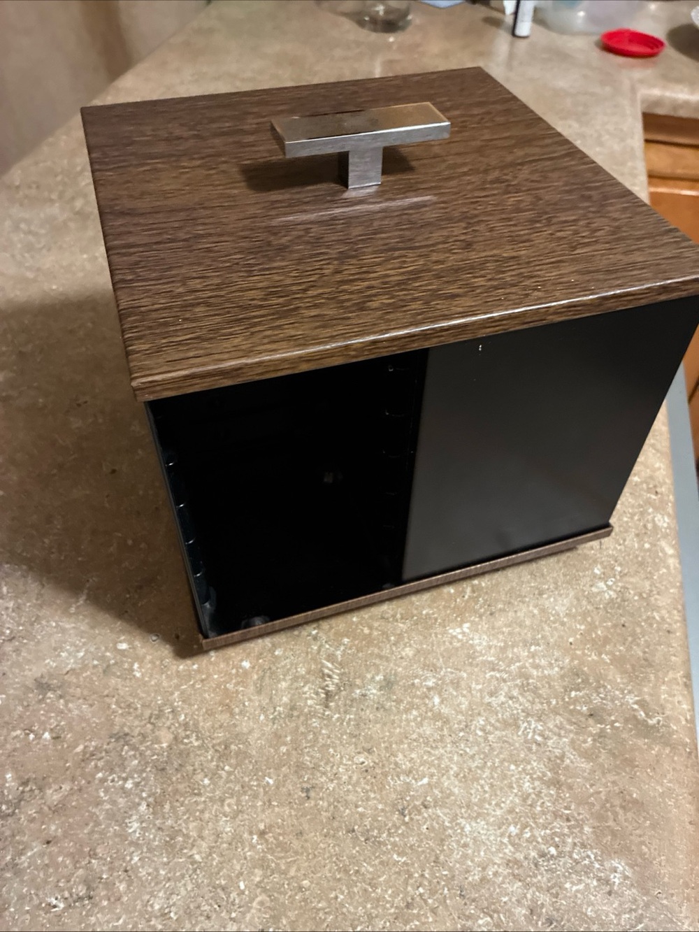 Vtg Woodgrain Top Black Decorative 8 track Rotating Storage Box Metal Handle